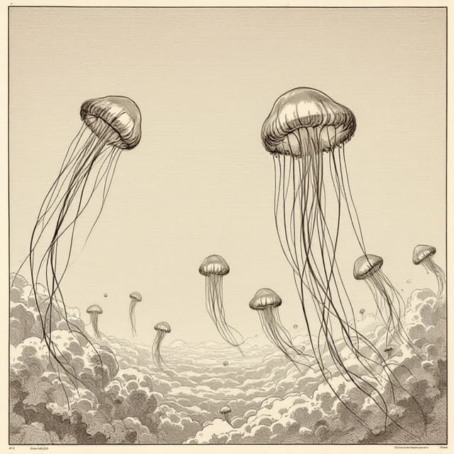 Planche naturaliste illustrant Méduses atmosphériques, dessinée d'après les descriptions de témoins